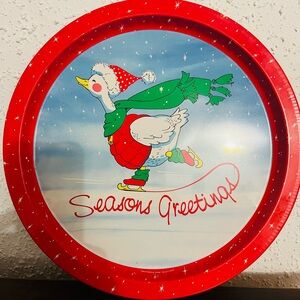 1980’s Vintage Christmas Skating Swan “Seasons Greetings” Tin Serving Plate